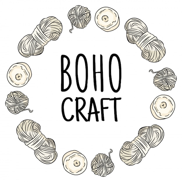 Logotipo de artesanía boho. garabatos de hilo de algodón en composición de corona. diseño de logo hecho a mano. dibujado a mano imagen de dibujos animados lindo