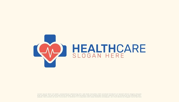 Logotipo de atención médica con corazón de signo más y un pulso combinado creativamente con el logotipo vectorial