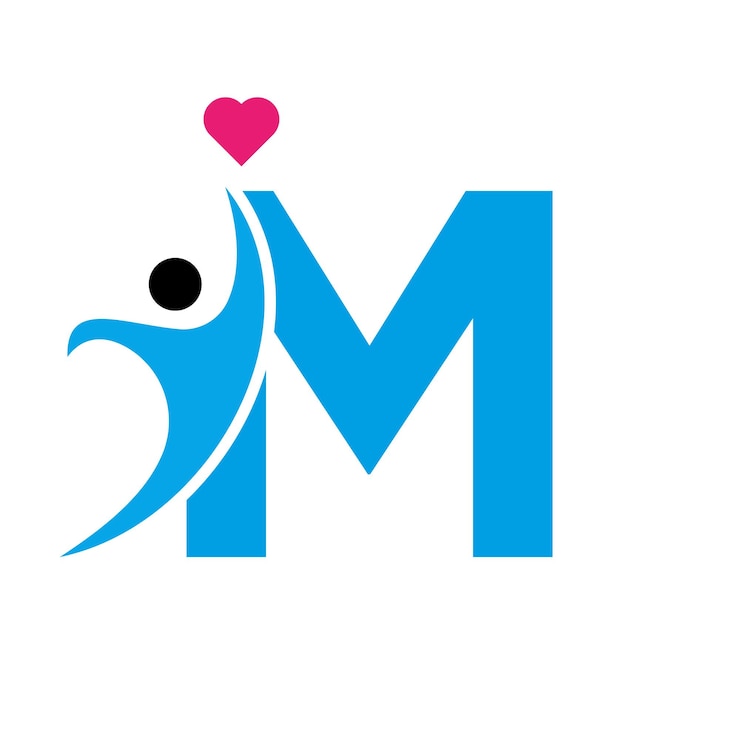 Vector logotipo de atención médica en la letra m símbolo de corazón de amor logotipo de caridad