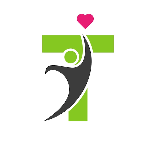 Logotipo de atención médica en la letra t símbolo de corazón de amor logotipo de caridad