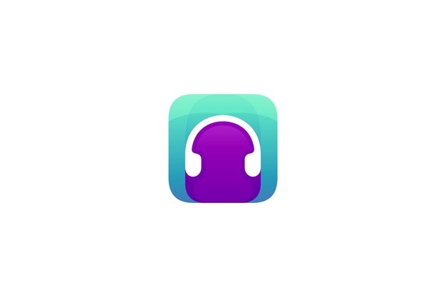 Logotipo de auriculares en diseño de caja con degradado de color púrpura y verde