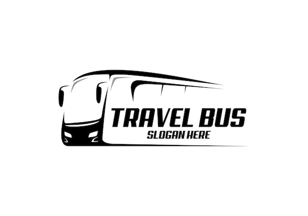 Logotipo del autobús de viaje con el eslogan del autobús de viaje del título aquí