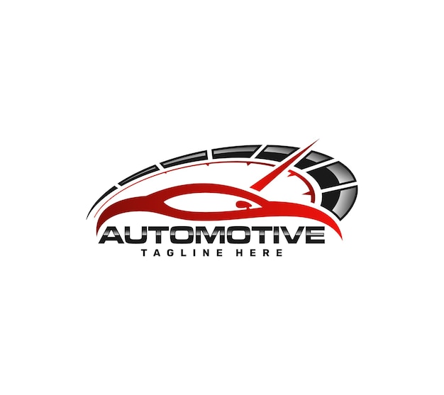 Logotipo de automóvil o automóvil con potencia de velocidad del medidor de carrera sobre fondo blanco ilustración vectorial