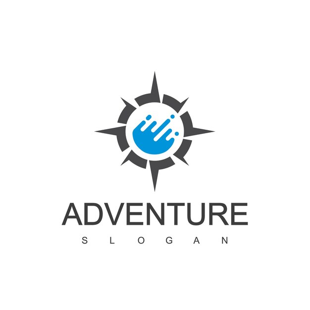 Logotipo de aventura acuática con brújula y símbolo de agua