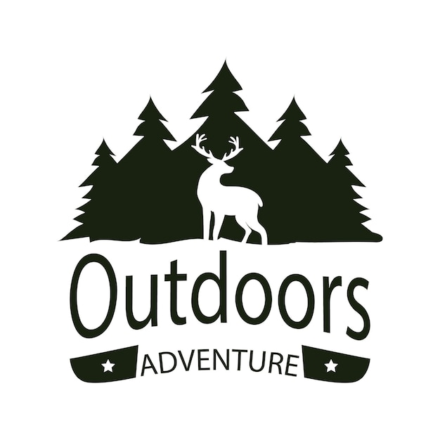 Logotipo de aventura al aire libre con ciervos y árboles