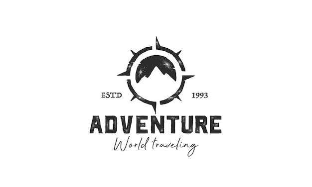 Vector logotipo de aventura con ilustración de vector de diseño de montaña y brújula