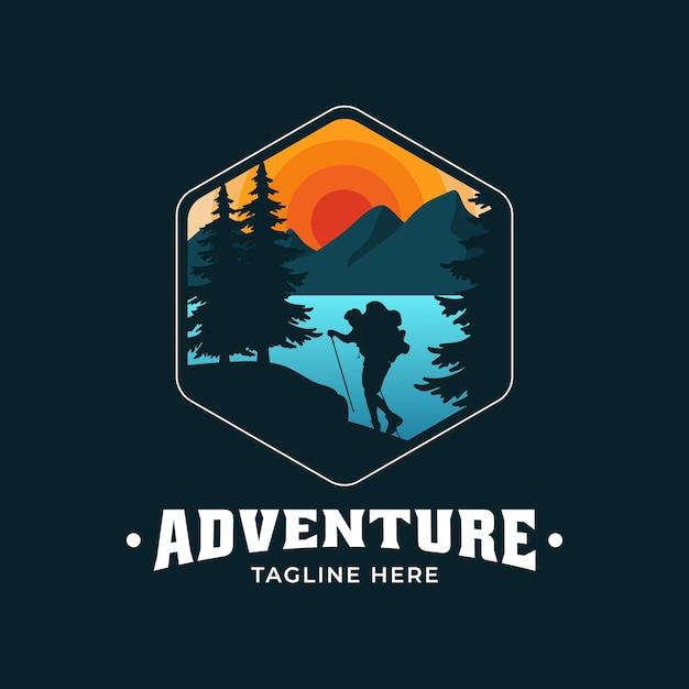 Logotipo de aventura moderno vintage con vista a personas escalando montañas, ríos y pinos
