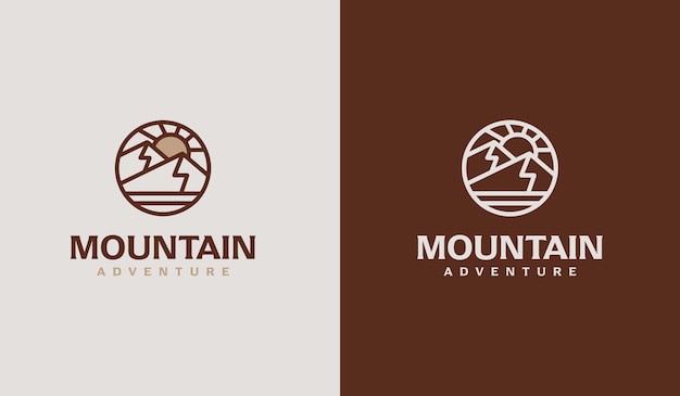 Un logotipo de aventura en la montaña que es marrón y blanco.