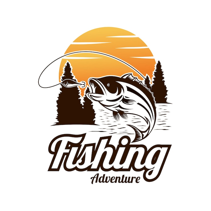 Vector el logotipo de la aventura de pesca de la boca grande saltando al atardecer