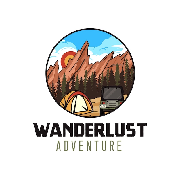 Logotipo de aventura Wanderlust, emblema de camping retro con montañas, carpa y RV.