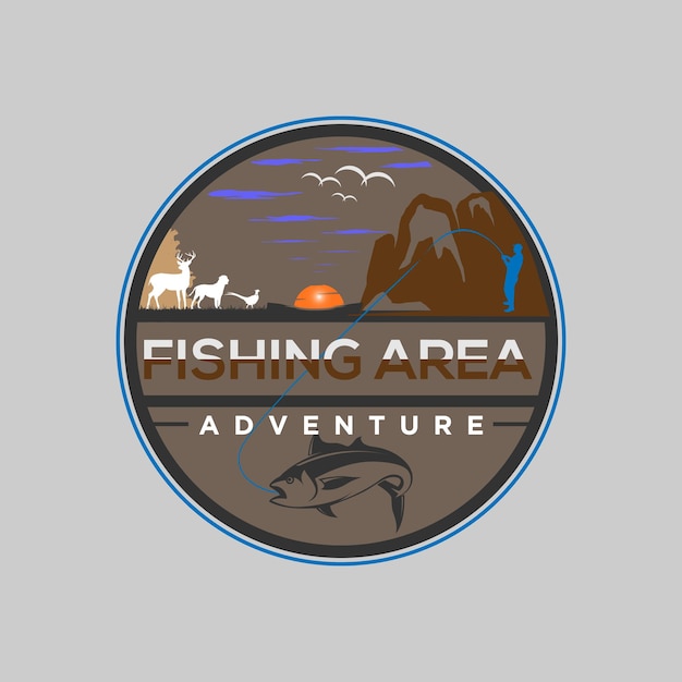 Logotipo para la aventura en la zona de pesca con una montaña y pesca de fondo