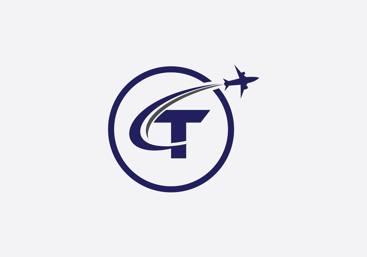 Vector logotipo de avión de aviación con monograma de viaje de la letra t