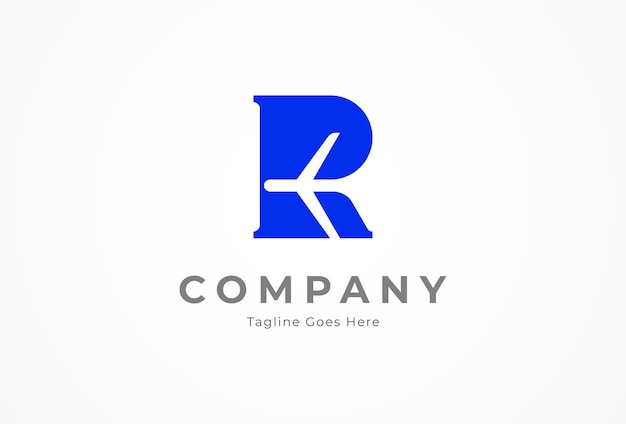 Logotipo de avión azul de la letra R para la compañía de viajes