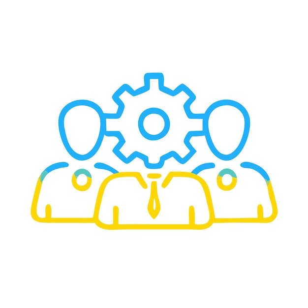 un logotipo azul y amarillo con un engranaje y una persona dentro