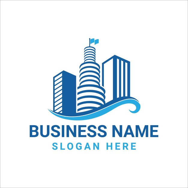 logotipo azul de bienes raíces con torre
