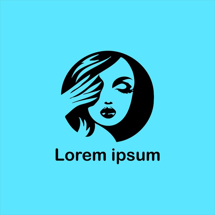 un logotipo azul y blanco con la cara de una mujer y su mano tocando su cara