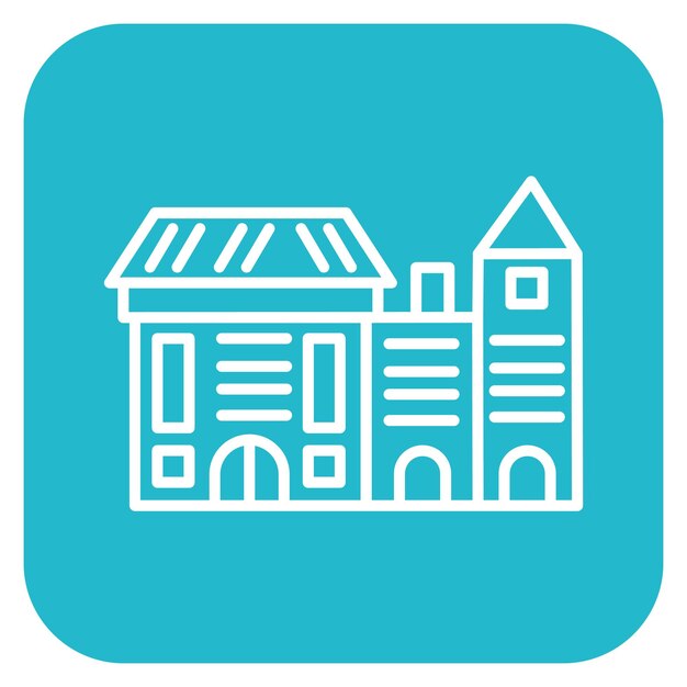 un logotipo azul y blanco con una casa y un edificio en el fondo