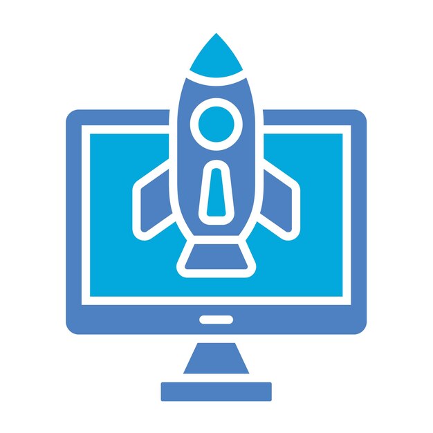 un logotipo azul y blanco con un cohete en la pantalla