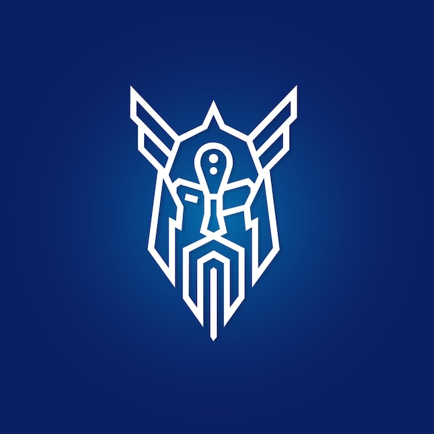un logotipo azul y blanco con un contorno blanco de un robot en él