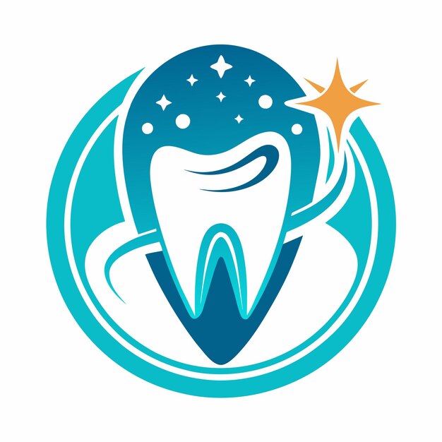 un logotipo azul y blanco con un diente en el centro