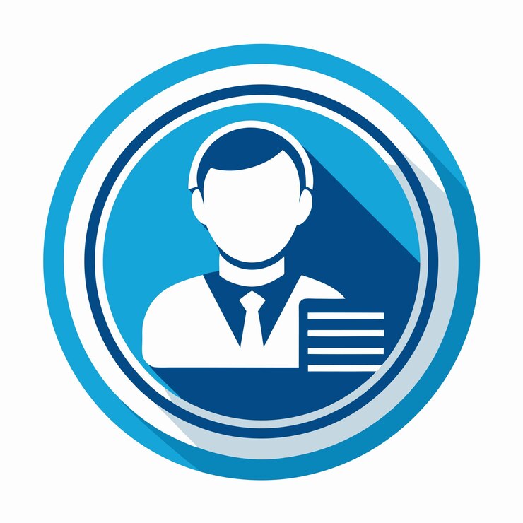 un logotipo azul y blanco con un hombre sosteniendo un papel con una pluma en la mano