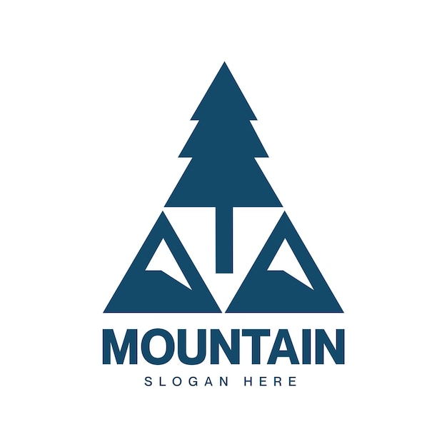 Un logotipo azul y blanco para un mapa de montaña con un árbol en él
