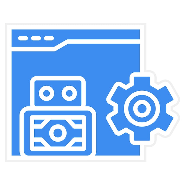 un logotipo azul y blanco con una máquina y engranajes