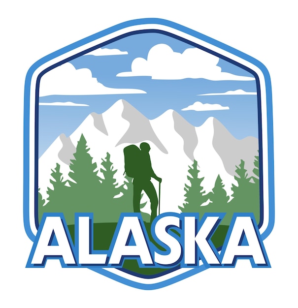 un logotipo azul y blanco con montañas y árboles
