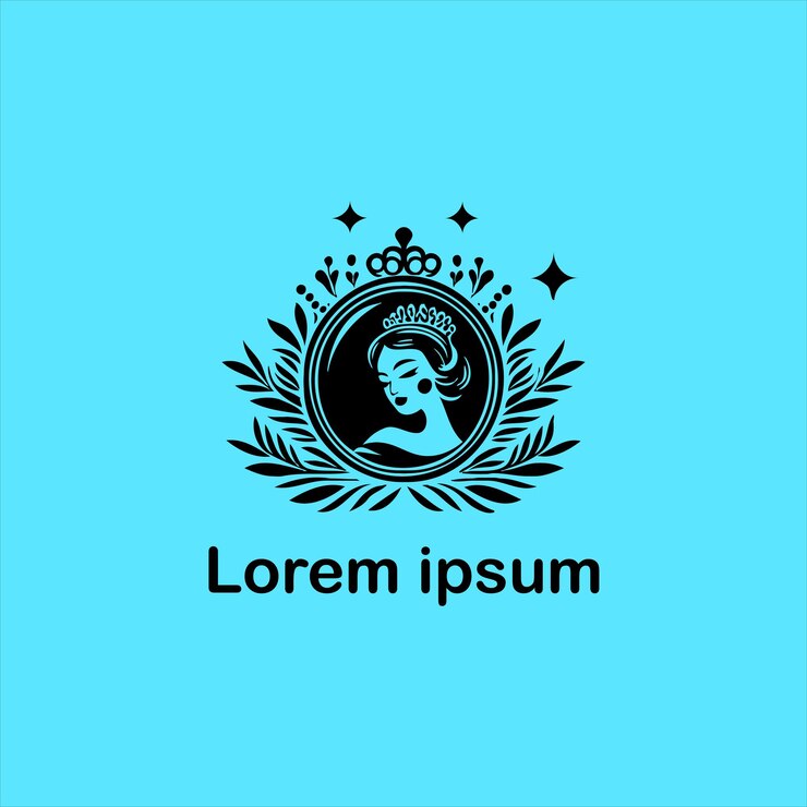 un logotipo azul y blanco con una mujer en una corona