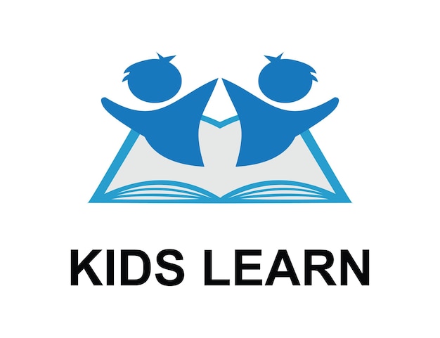 un logotipo azul y blanco con niños y un libro abstracto aprendiendo niños aprendiendo logotipo