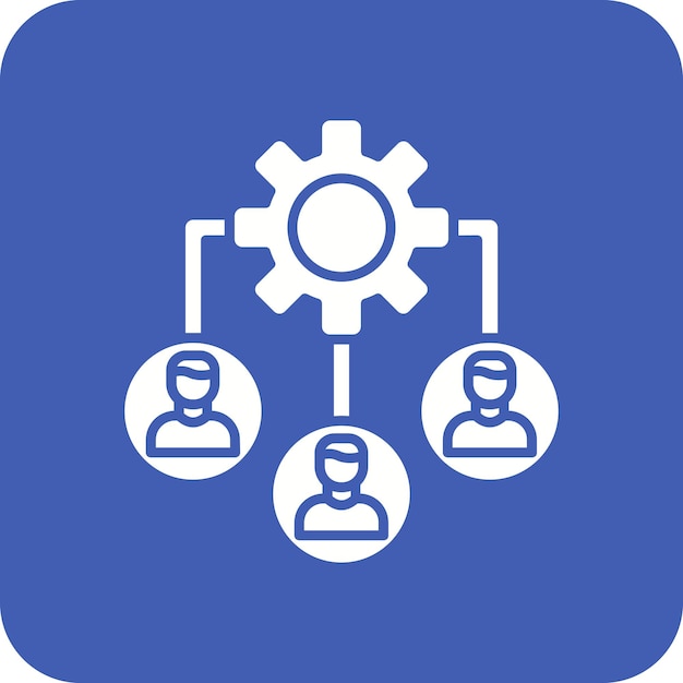 un logotipo azul y blanco con personas trabajando en un engranaje
