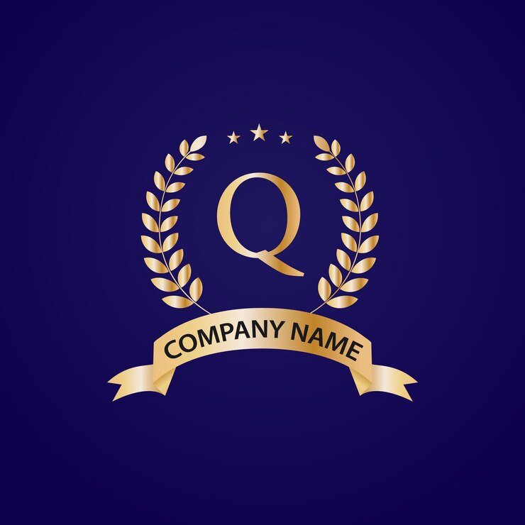Un logotipo azul y dorado con la letra q en él Logotipo de la marca Q