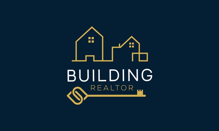 un logotipo azul para el edificio y las palabras construcción de bienes raíces
