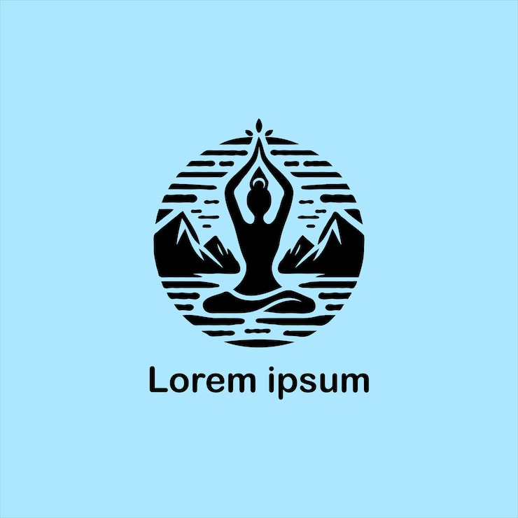un logotipo azul con una imagen de montañas y un lago