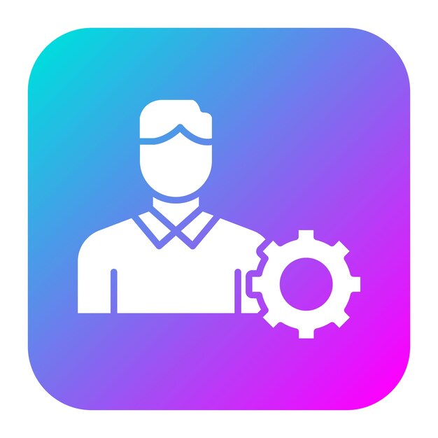 un logotipo azul y púrpura con un hombre trabajando con engranajes