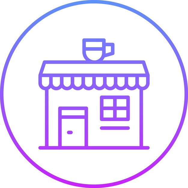 un logotipo azul y rosa con una cafetería en él