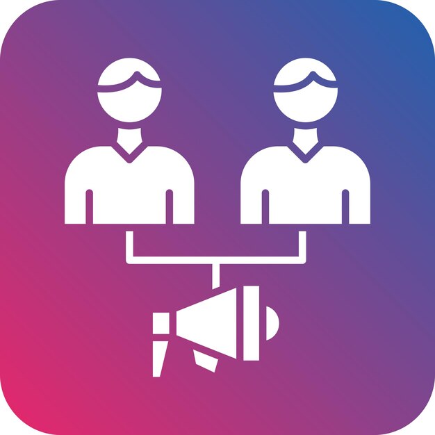 un logotipo azul y rosa con dos personas en una mesa