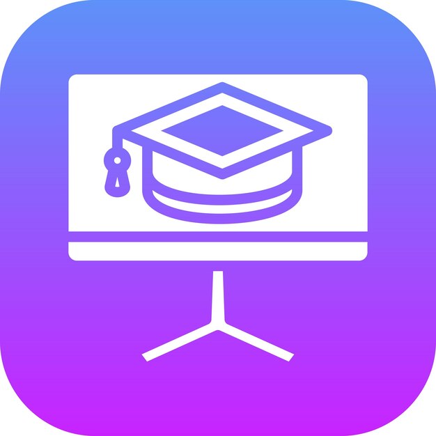 un logotipo azul y rosa con una gorra de graduación en él