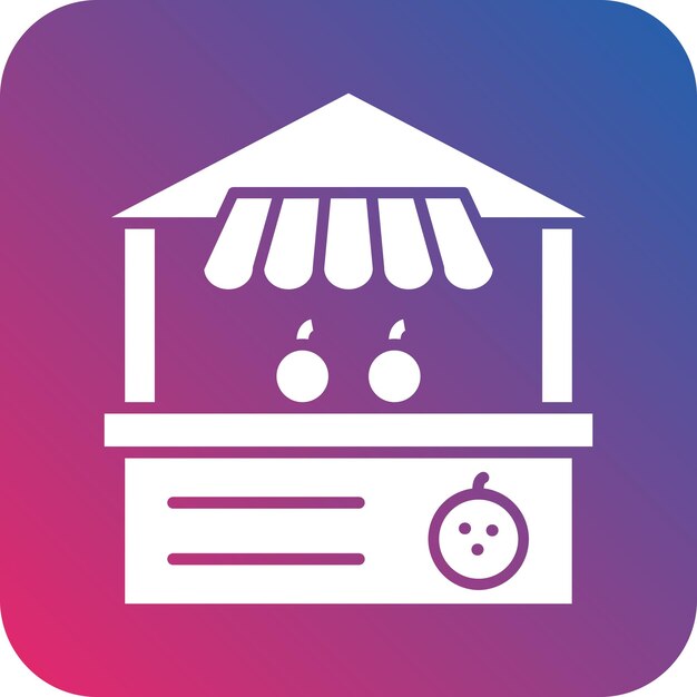 un logotipo azul y rosa con un puesto de comida delante de él