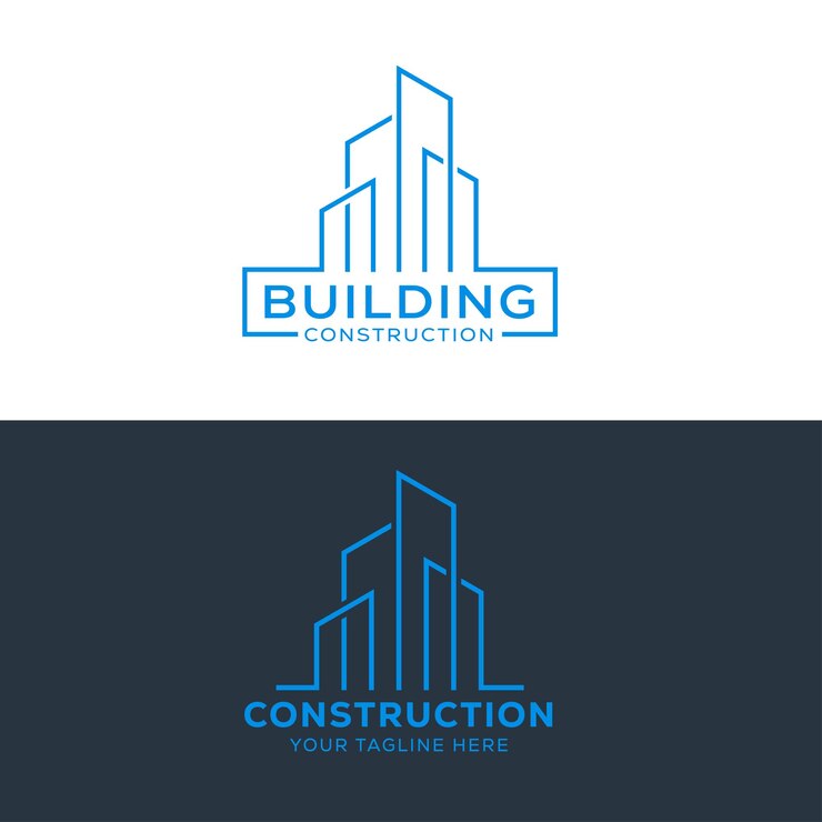 un logotipo azul para un sitio de construcción con un edificio azul en la parte superior