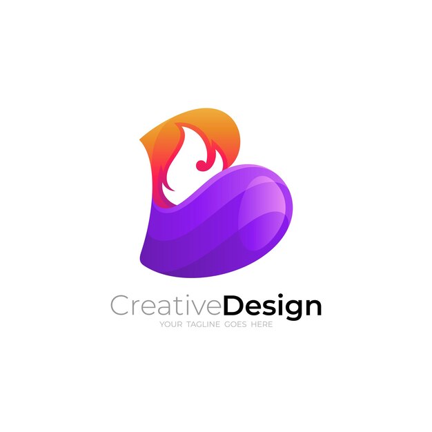 Logotipo b y combinación de diseño de fuego estilo colorido 3d