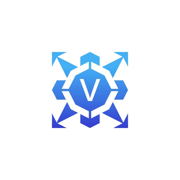 Logotipo de bagde de tecnología de dirección de flecha de letra inicial V
