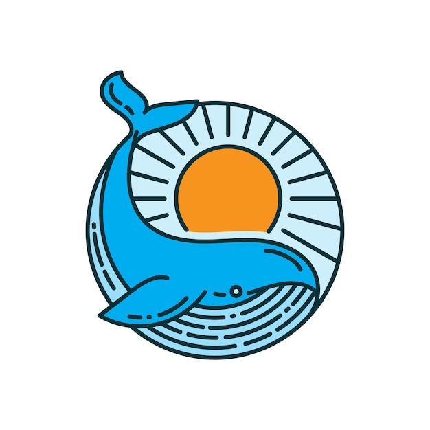 Logotipo de ballena jorobada con ilustración de vector de diseño de puesta de sol circular