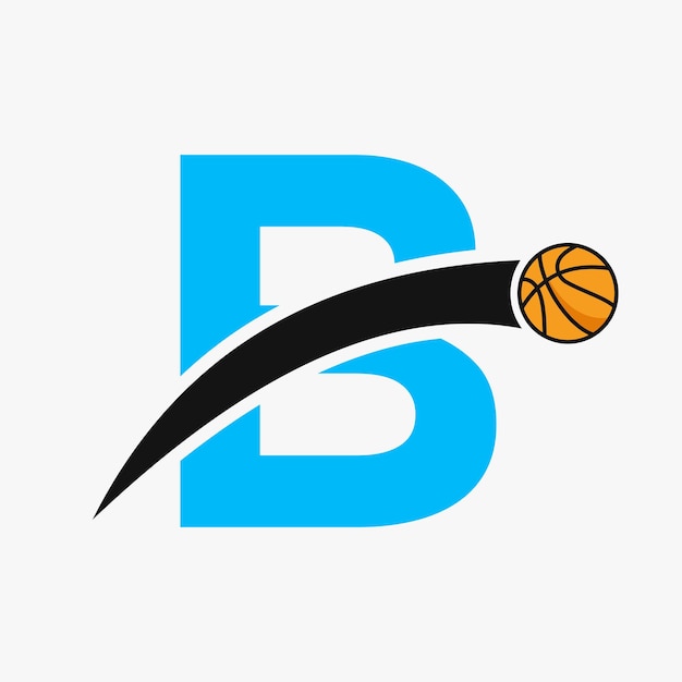 Logotipo de baloncesto en la letra B con icono de baloncesto en movimiento Símbolo de logotipo de baloncesto