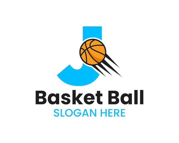 Logotipo De Baloncesto De La Letra Inicial J Con Icono De Baloncesto En Movimiento. Símbolo del logotipo de la pelota de baloncesto