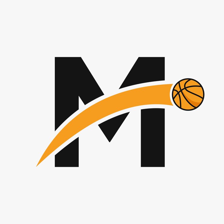 Vector logotipo de baloncesto en la letra m con icono de baloncesto en movimiento símbolo de logotipo de baloncesto