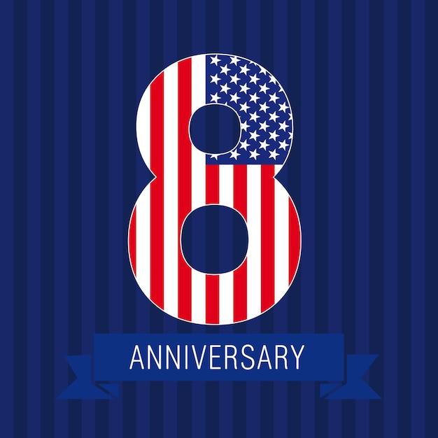 Logotipo de la bandera del octavo aniversario. 8º lugar celebrando el icono con la bandera estadounidense. Número de EE. UU.