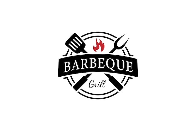 Logotipo de barbacoa con espátula y tenedor en concepto de diseño de etiqueta de sello