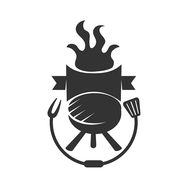 Logotipo de barbacoa con logotipo de barbacoa y concepto de fuego en combinación con una espátula