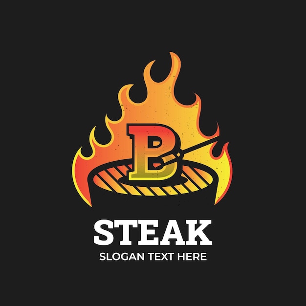 Logotipo de barbacoa con logotipo de letra B con logotipo de barbacoa y concepto de fuego en combinación con espátula vintage